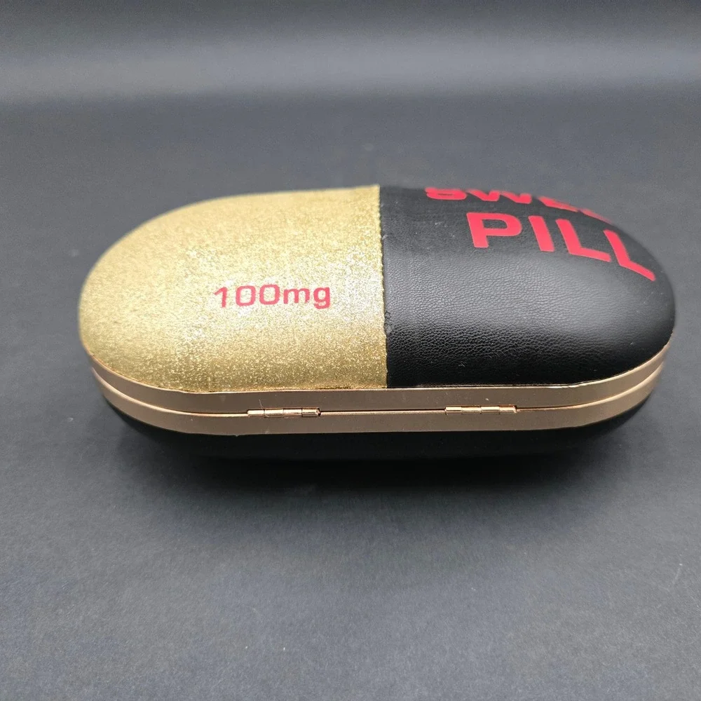 BAM Forever Sweet Pill Capsule Clutch Bag Gold Glitter Black Novelty Crossbody